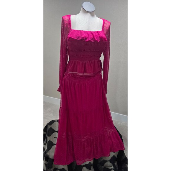 LC Lauren Conrad Womens Hot Pink Square Neck Smocked Maxi Skirt and With Ruffle - Picture 5 of 9